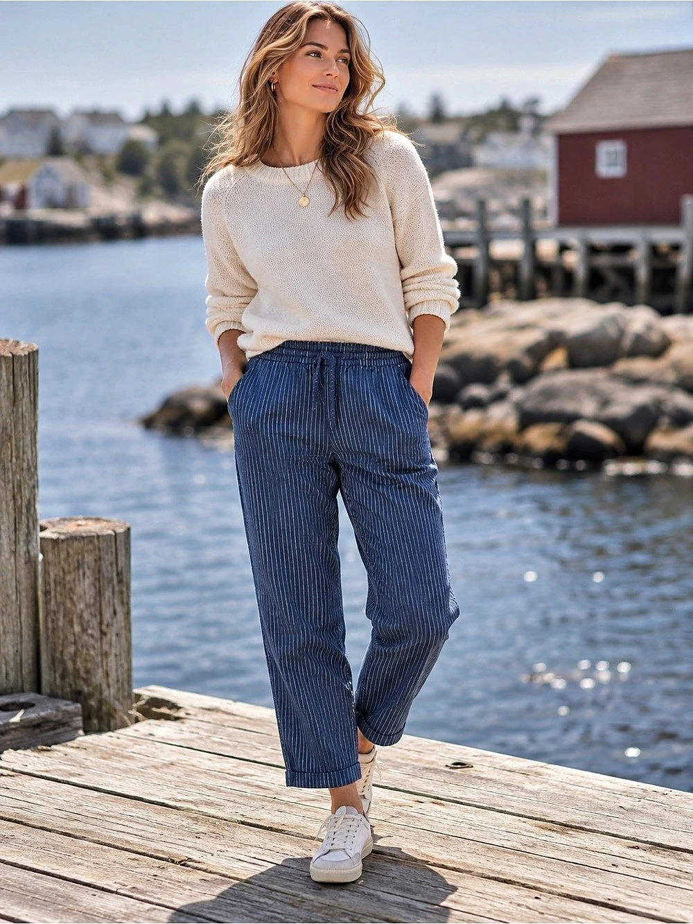 LL Bean Favorite Fit Striped Straight Leg Pants in Blue Size Large (10)